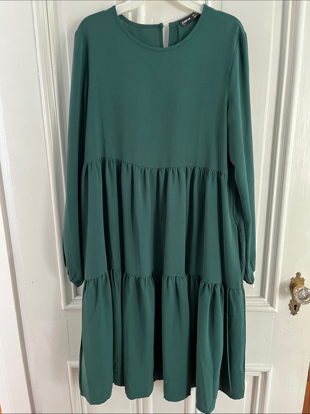 SHEIN Long Sleeve Emerald Green Tiered Midi Dress w/ Pockets - Size S